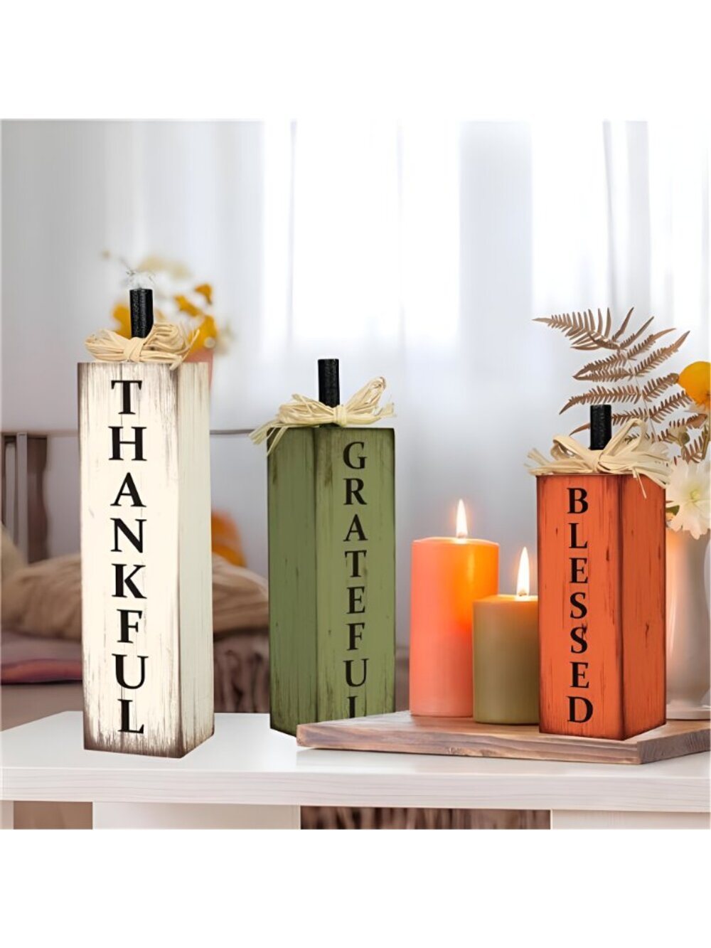 Thankful Blessed Grateful Tabletop Signs Thanksgiving Wooden Block Signs - Picture 2 of 8